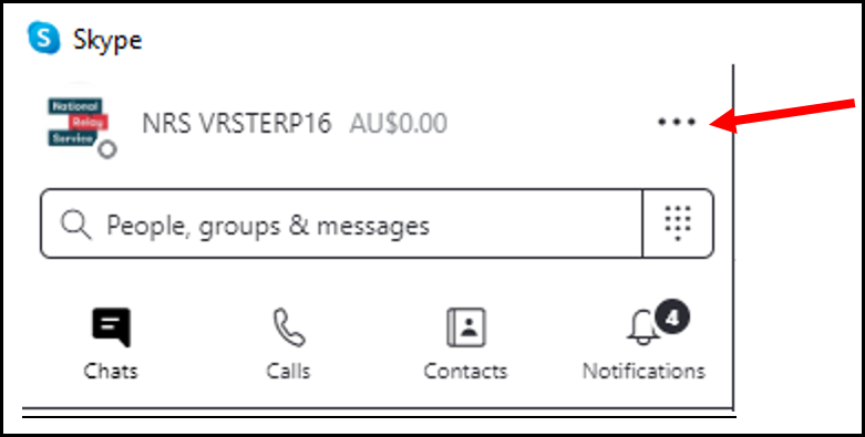 Title: Screenshot of main Skype window on desktop computer - Description: The right hand side of the window includes three dots spaced horizontally. A red arrow points to the dots.