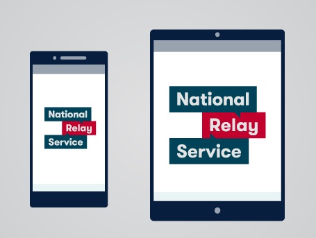 Image of a smartphone and tablet with the NRS logo representing the NRS on each device. The NRS logo features the words 'National Relay Service' in red, white and navy blue.