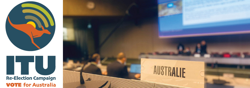 ITU Re-Election Campaign, Vote for Australia Logo and photo from the 2022 International Telecommunication Union (ITU) Plenipotentiary Conference