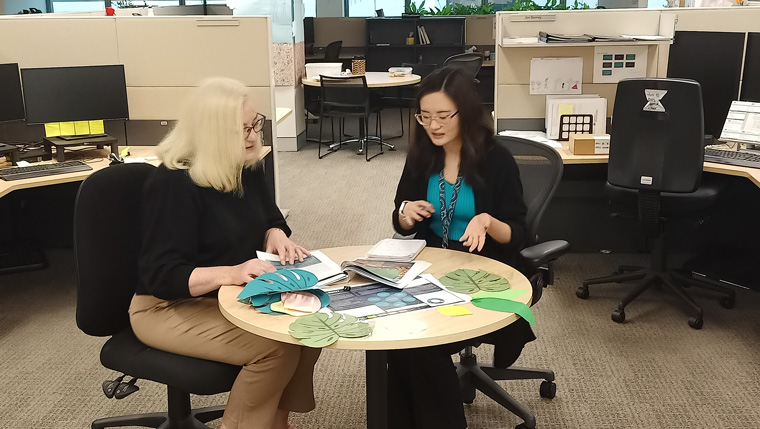 two colleagues in discussion around a table