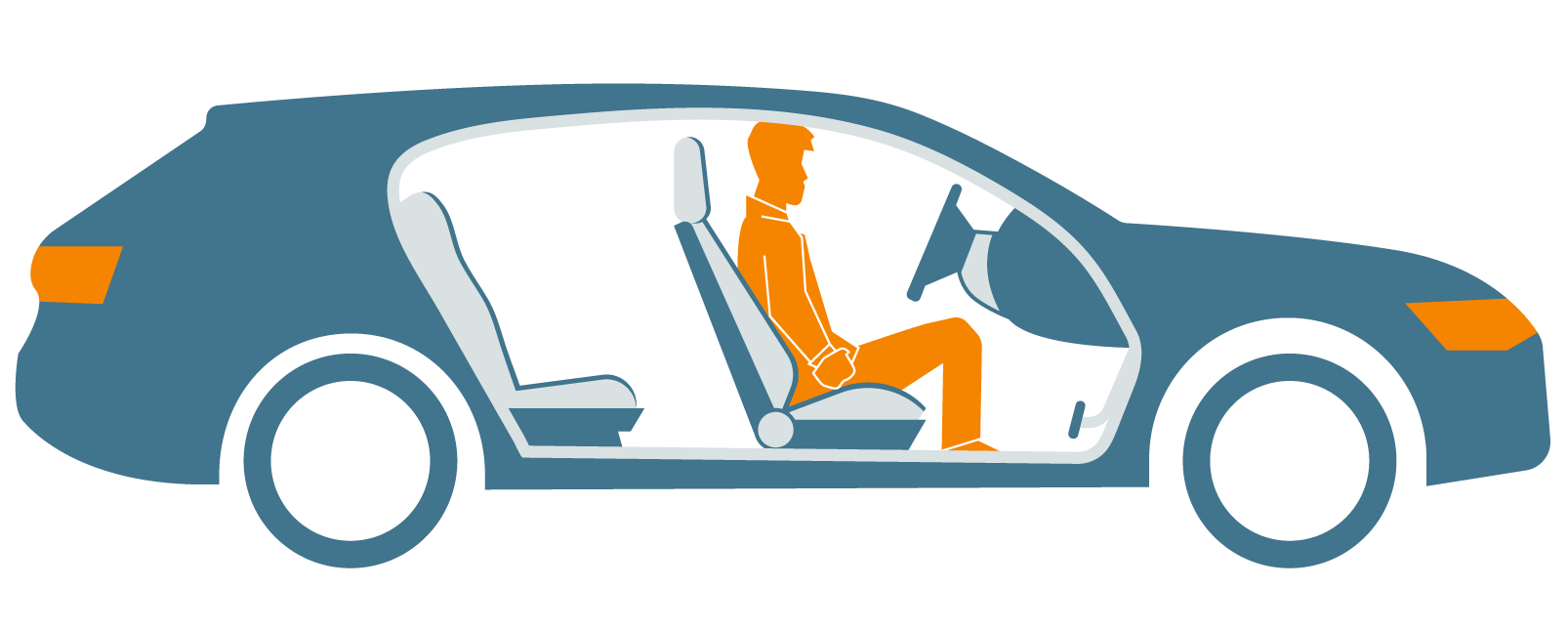 side view inside a navy blue car with orange head and tail lights. An orange person is sitting in the front driver’s seat and is not touching the steering wheel or pedals.