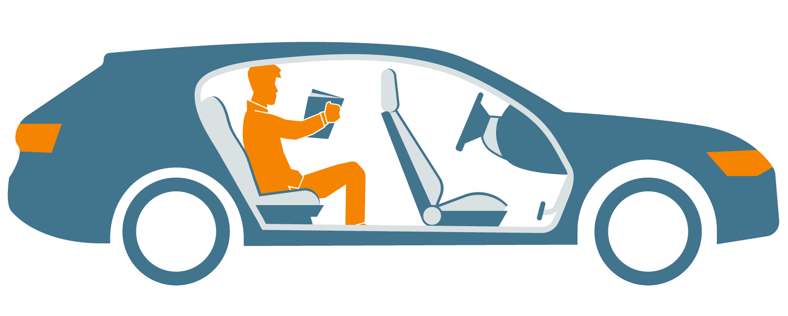 side view inside a navy blue car with orange head and tail lights. An orange person is sitting in the back seats of the car reading a blue book.