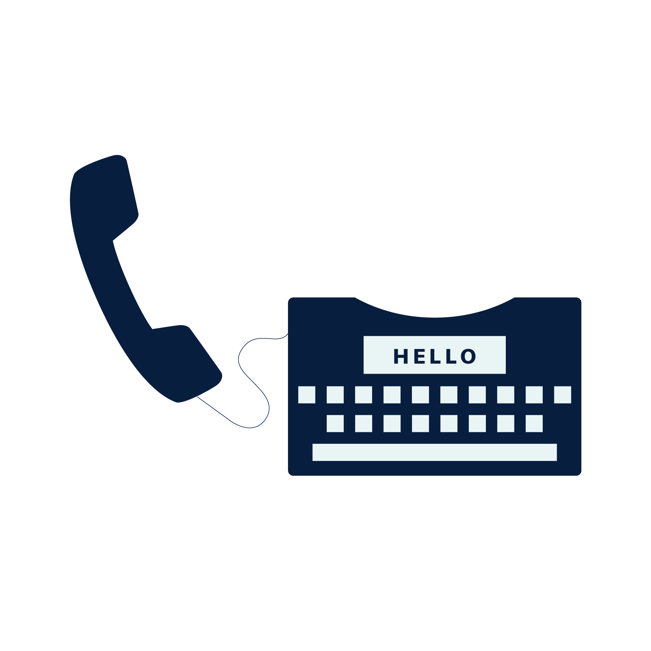 Telephone handset connected to a keyboard. The word 'hello' is typed in.