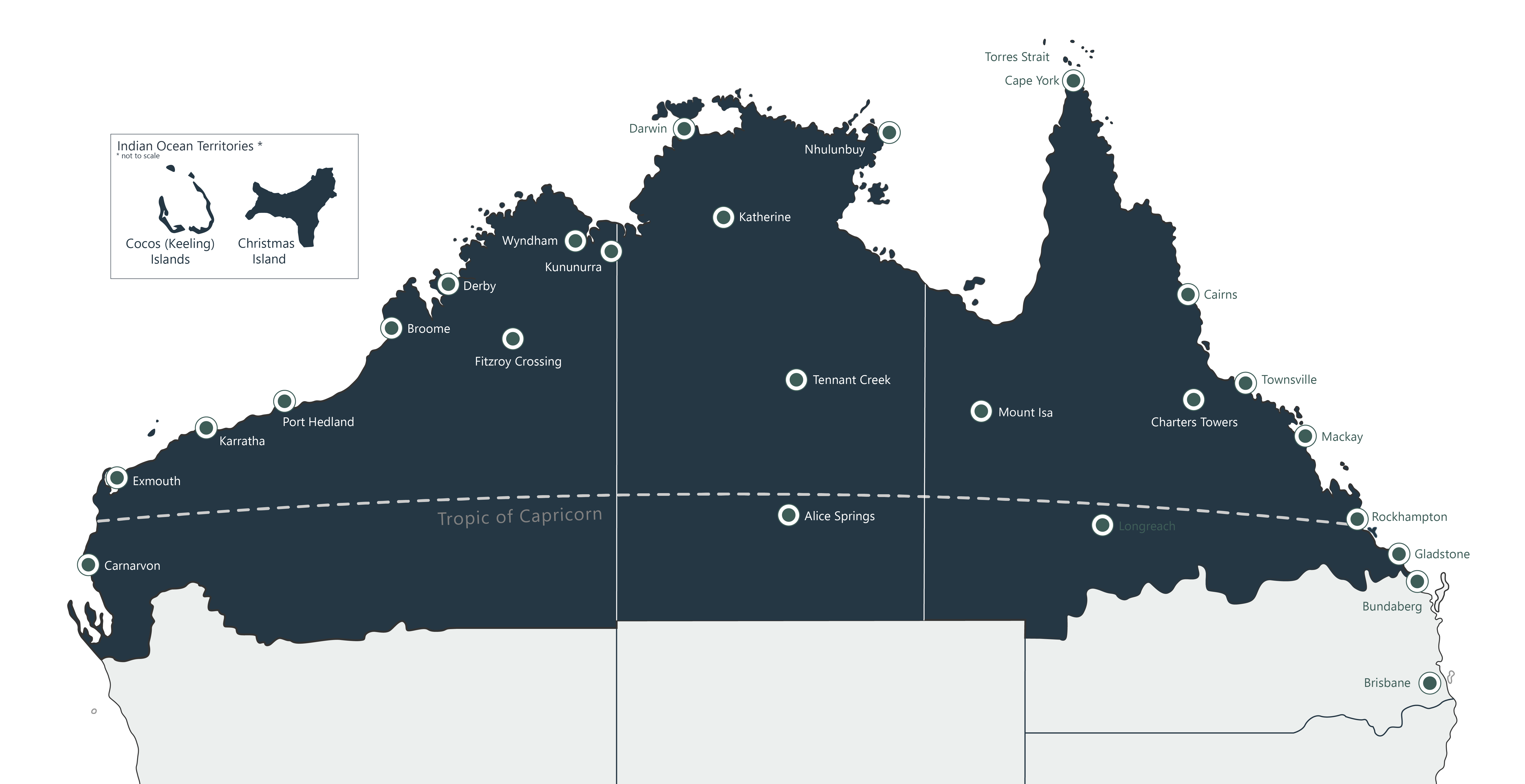 Map of Northern Australia - dark shading Our North, Our Future: White Paper on Developing Northern Australia (2015) definition; light shading Northern Australia Infrastructure Facility Act (2016) definition