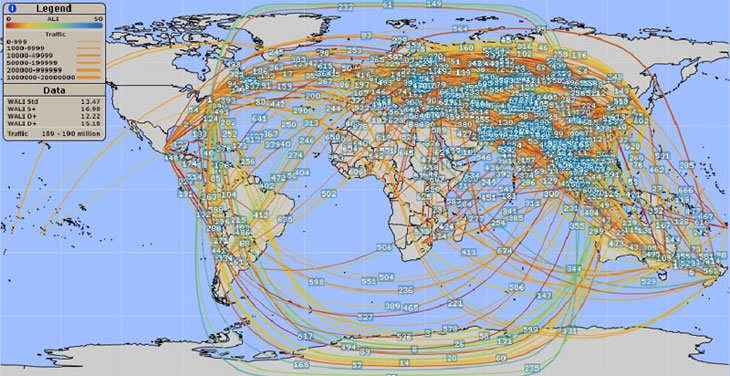 Map of bilateral air services agreements between World Trade Organization members. Courtesy of the Air Services Agreement Projector, World Trade Organization, 2007