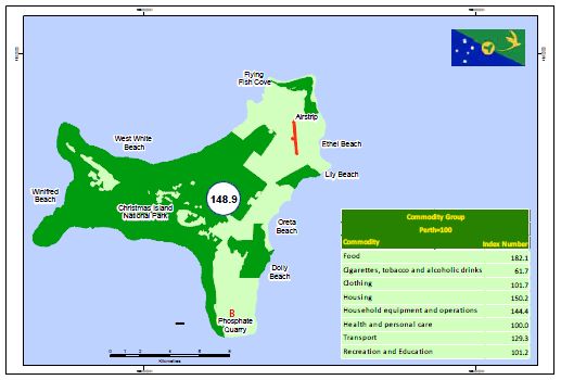 Map showing Christmas Island price index 2012. Food index number 182.1. Cigarettes, tobacco and alcoholic drinks index number 61.7. Clothing index number 101.7. Housing index number 150.2. Household equipment and operations index number 144.4. Health and personal care index number 100.0. Transport index number 129.3. Recreation and education index number 101.2.