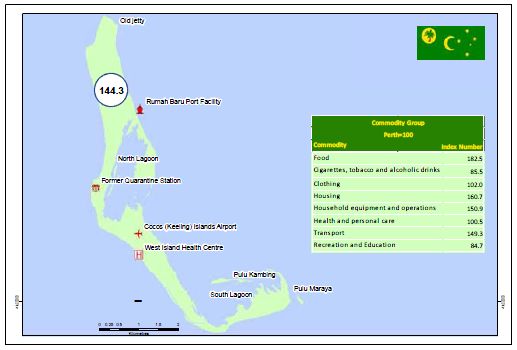 Map showing Cocos West Island price index 2012. Food index number 182.5. Cigarettes, tobacco and alcoholic drinks index number 85.5. Clothing index number 102.0. Housing index number 160.7. Household equipment and operations index number 150.9. Health and personal care index number 100.5. Transport index number 149.3. Recreation and education index number 84.7.