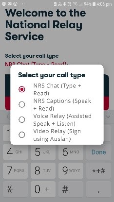 National Relay Service, NRS, select your call type. Options: NRS chat (type + read), NRS captions (speak + read), Voice relay (assisted speak + listen), and video relay (sign using Auslan).