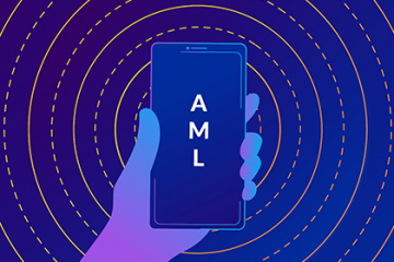 A graphic representation of a mobile phone in a hand, with the letter AML. In the background are concentrivc circles representing signals. The background, phone and hand are different shades of blue.
