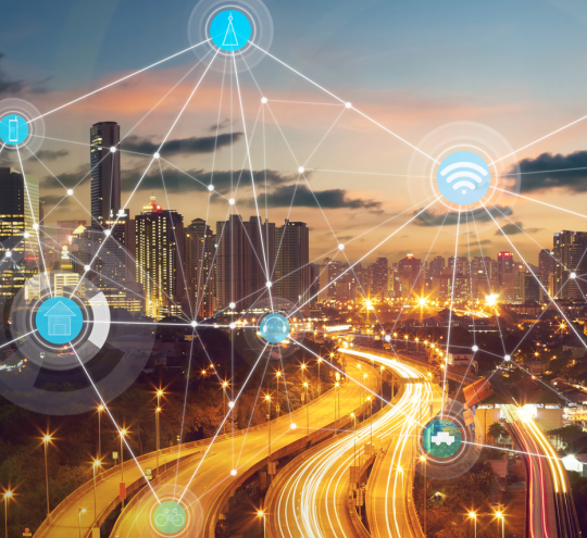 City at night connected with networks.