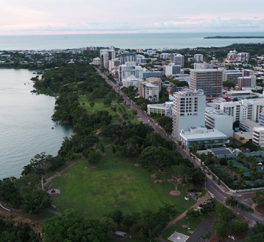 Aerial view of Darwin showing open green space on the harbour foreshore and city builidngs. 