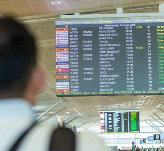 Passenger observing an airport departure board.