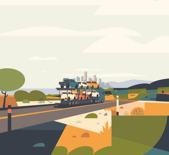 An illustration depicting a large transporter truck charring a range of cars and utes, blue white, yellow and red in colour, down a coastal highway towards a city in the distance.