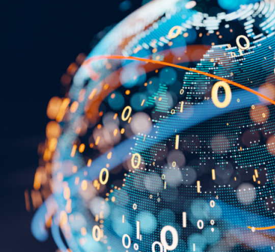 Image depicts a globe with Internet and digital traffic moving across it.
