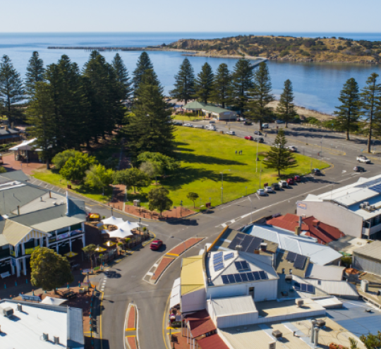 Image of Granite Island and coast, grass, and buildings of Victor Harbour, South Australia. Image credit: Victor Harbor City Council.
