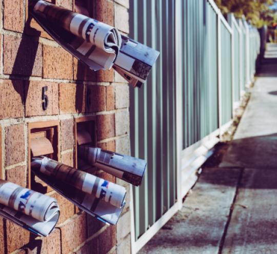 Apartment block mail boxes with rolled up newspapers sticking out of them.