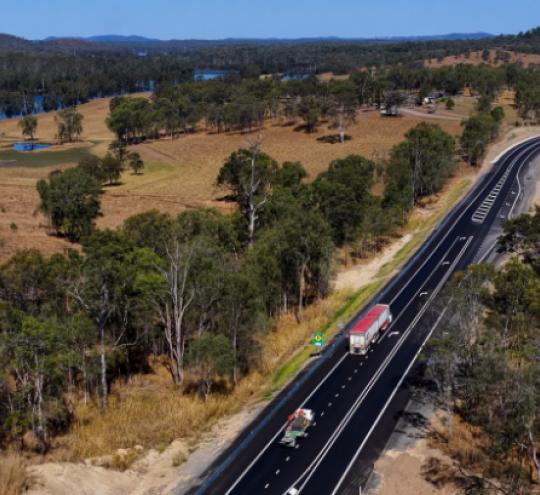 Arial image of Bruce Highway and Barton Road intersection at Kolonga, north of Gin Gin.