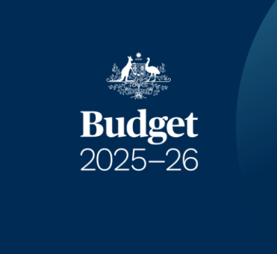 Budget 2025–26 logo with Australian Government crest, and the words To find out more visit infrastructure.gov.au/budget