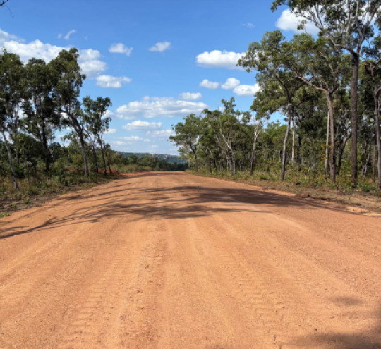 Image of wide red dirt road bordered by trees