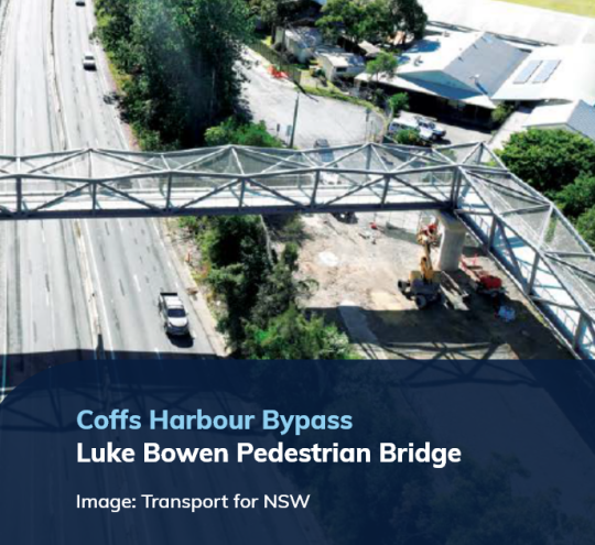 The new Luke Bowen Pedestrian Bridge over the Pacific Highway at Coffs Harbour. Image provided by Transport for NSW.