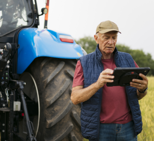 Farmer using a digital tablet on his farm with his tractor in the background.