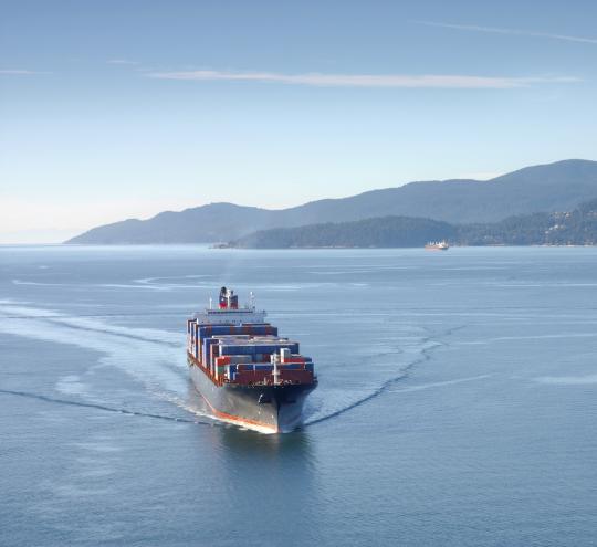 A container ship moving at sea with coastline in the background.