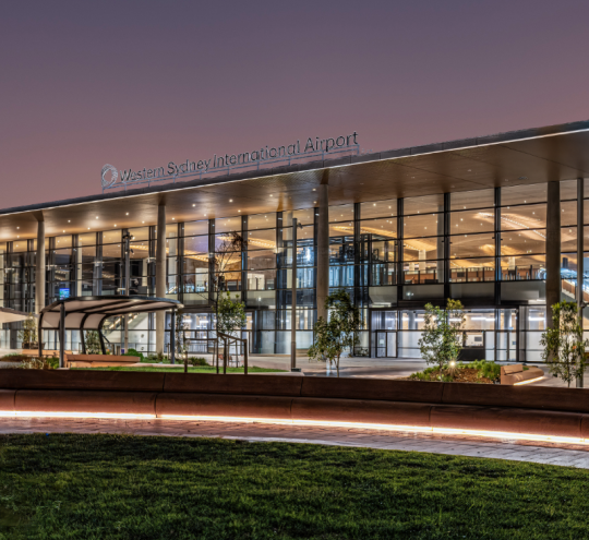Western Sydney International Airport terminal lit up at night