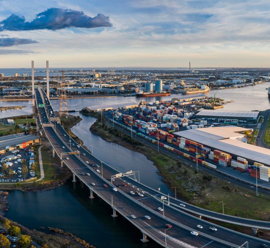 Panoramic birds-eye view of Melbourne city.