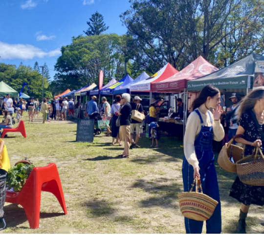 Image depicts community at a farmers market.