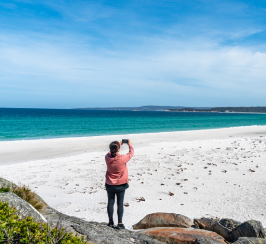 person holding phone taking photo of the beach