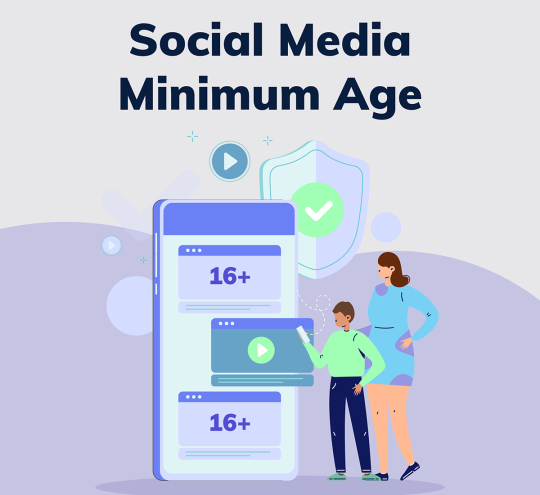 Illustration graphic depicting a mother and child with the words Social Media Minimum Age