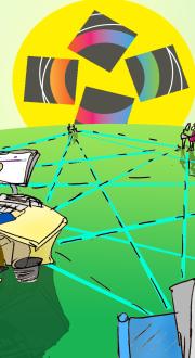 Cartoon image of network on a globe.