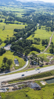Aerial photo of 2018 roadworks on the Bruce Highway, surrounded by green countryside