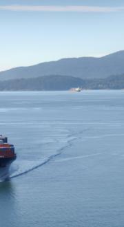 A freight carrier cruises through open water near land.