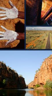 Collage of photos from outback Australia and Indigenous art. Image: Photos © Getty Images.