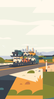 An illustration depicting a large transporter truck charring a range of cars and utes, blue white, yellow and red in colour, down a coastal highway towards a city in the distance.