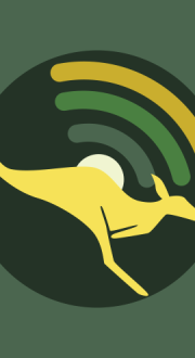 Australia’s ITU Council re-election campaign logo featuring a kangaroo with a Wi-Fi symbol in front of television towers on Mount Coot-Tha, Brisbane.