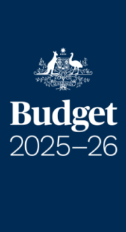 Budget 2025–26 logo with Australian Government crest, and the words To find out more visit infrastructure.gov.au/budget