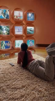Young person lying on a rug and looking up at a wall of futuristic screens.