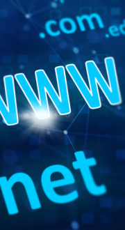 Domain names floating on a blue background. 