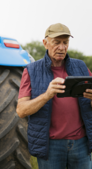 Farmer using a digital tablet on his farm with his tractor in the background.