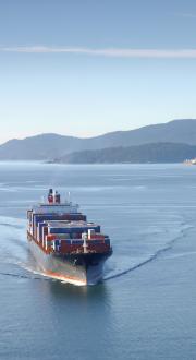 A container ship moving at sea with coastline in the background.