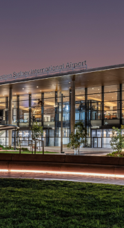Western Sydney International Airport terminal lit up at night