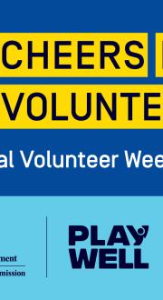 3 cheers for volunteers – National Volunteer Week 2026 – Play Well (includes Coat of Arms for the Australian Sports Commission and the silhouettes of 2 people waving)