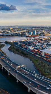 Panoramic birds-eye view of Melbourne city.