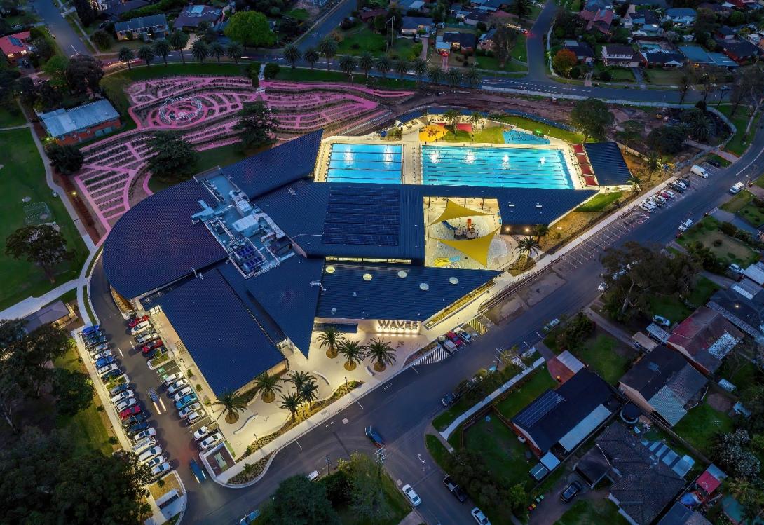 Aerial photo of the Waves Fitness and Aquatic Centre at dusk. Photo credit: The Hills Shire Council, NSW