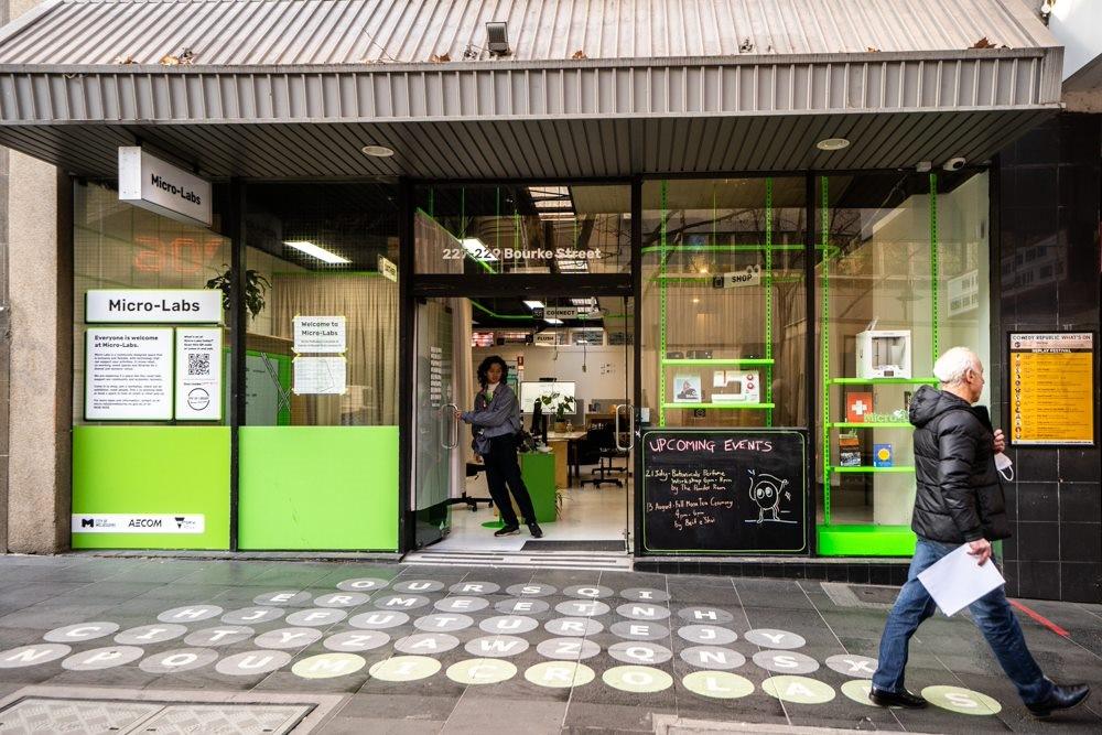 Micro-Labs shop front with an upcoming events sign in Melbourne. Photo credit: City of Melbourne, VIC
