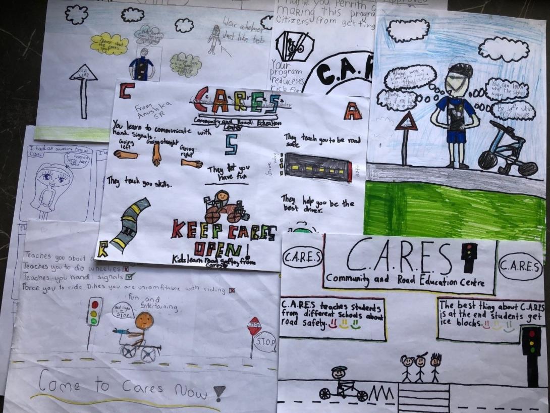 A photo of drawings from children demonstrating the Community and Road Education Scheme. Photo credit: Penrith City Council, NSW