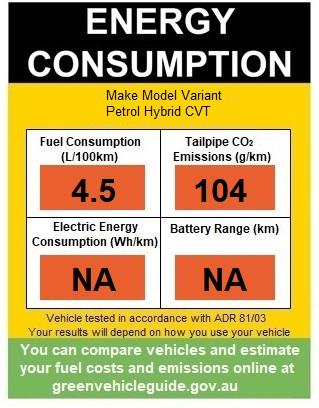 Diagram showing an example of a completed energy consumption label for a petrol non-plug-in hybrid vehicle with CO2 emissions greater than 50 grams per kilometre. This vehicle when tested consumed 4.5 litres of fuel per 100 kilometres and emitted 104 grams of CO2 per kilometre. As this vehicle is not powered by electricity, it has NA for the electric energy consumption and battery range figure. 