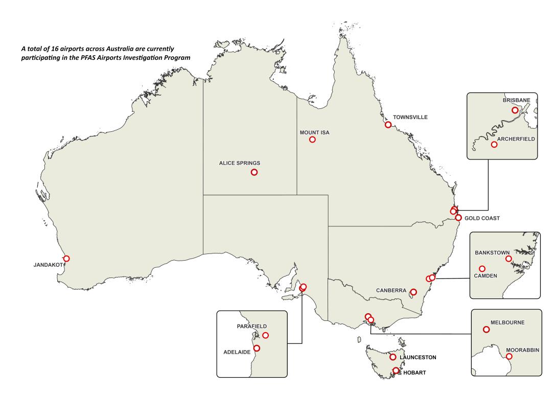 Map of Australia: Tranche 2 airports: Archerfield, Alice Springs, Camden, Gold Coast, Jandakot, Moorabbin, Mount Isa and Townsville